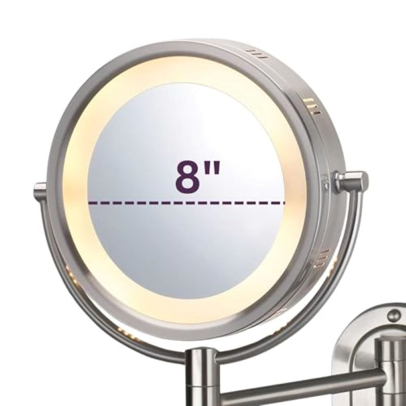 Warrnambool 8" Lighted Wall Mount Magnified Makeup Mirror, Direct Wire, Nickel