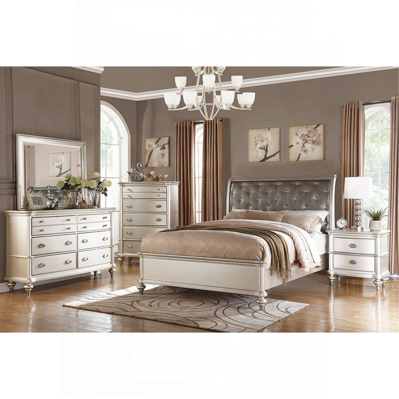 Ensemble de chambre à coucher 3 pièces en similicuir argenté avec très grand lit californien