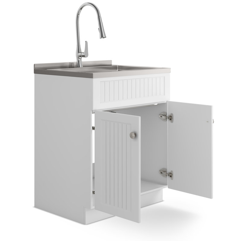 Évier utilitaire et armoire à lessive 28 "avec robinet à grande arche et évier en acier inoxydable Beckham, blanc