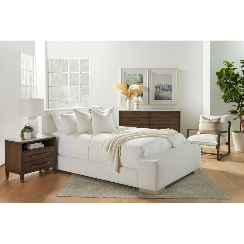 Elegant Queen-Sized Boucle Upholstered Bed with Natural Gray Oak Frame