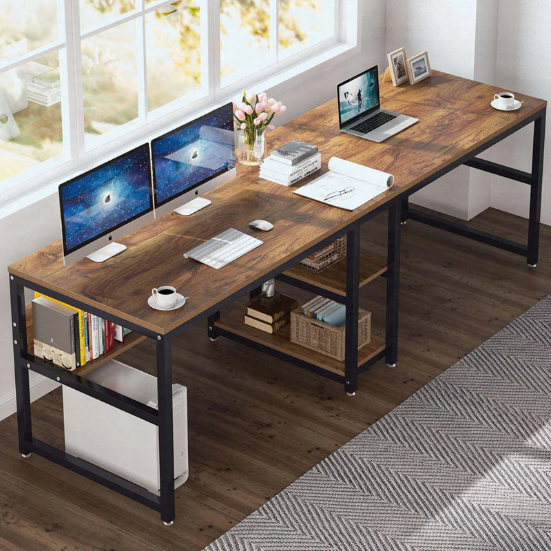 Bureau double 78,7 "pour deux avec tablettes, poste de travail industriel brun rustique