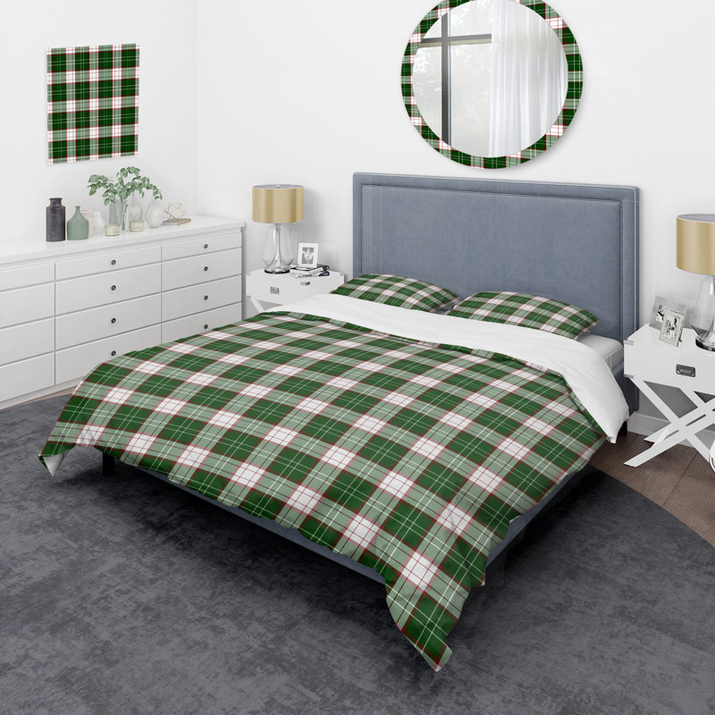 Tartan à carreaux vert et blanc - Ensemble de housse de couette abstrait - Microfibre de polyester