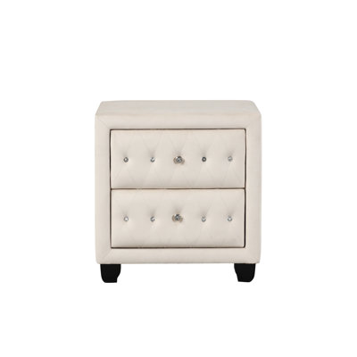 Modern Style Crystal Tufted 2-Drawer Nightstand, Velvet Upholstered, Cream, Wood Frame | Gift Idea