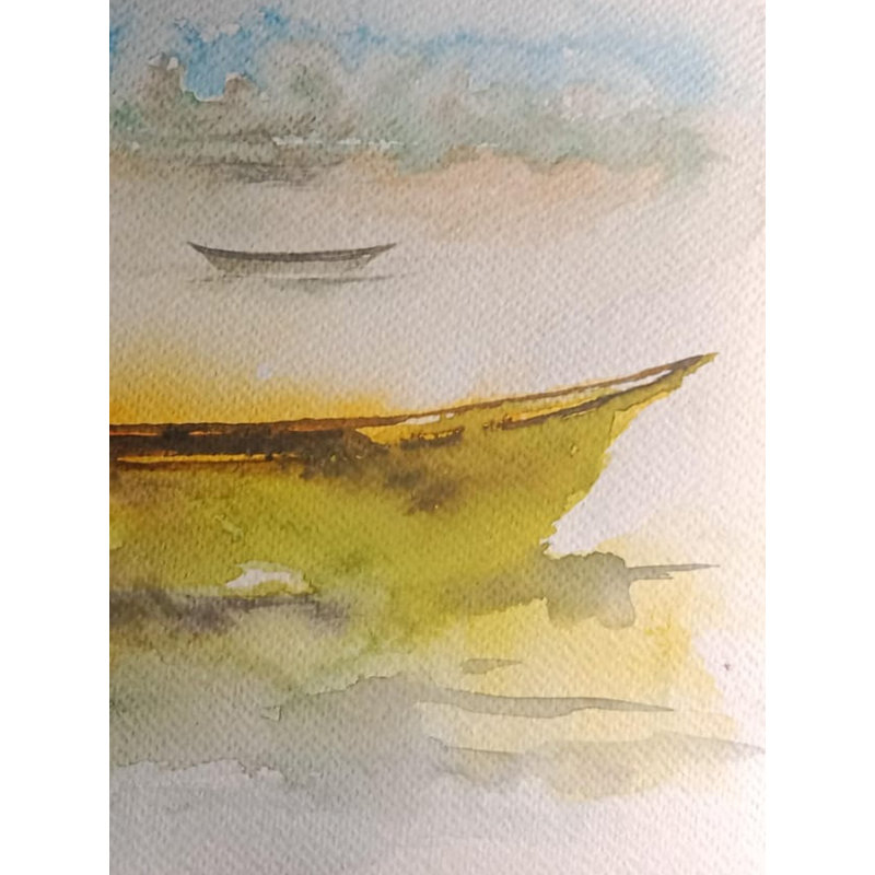 Bateau flottant au bord du lac | Aquarelle sur papier | Par Raj Kumar Singh
