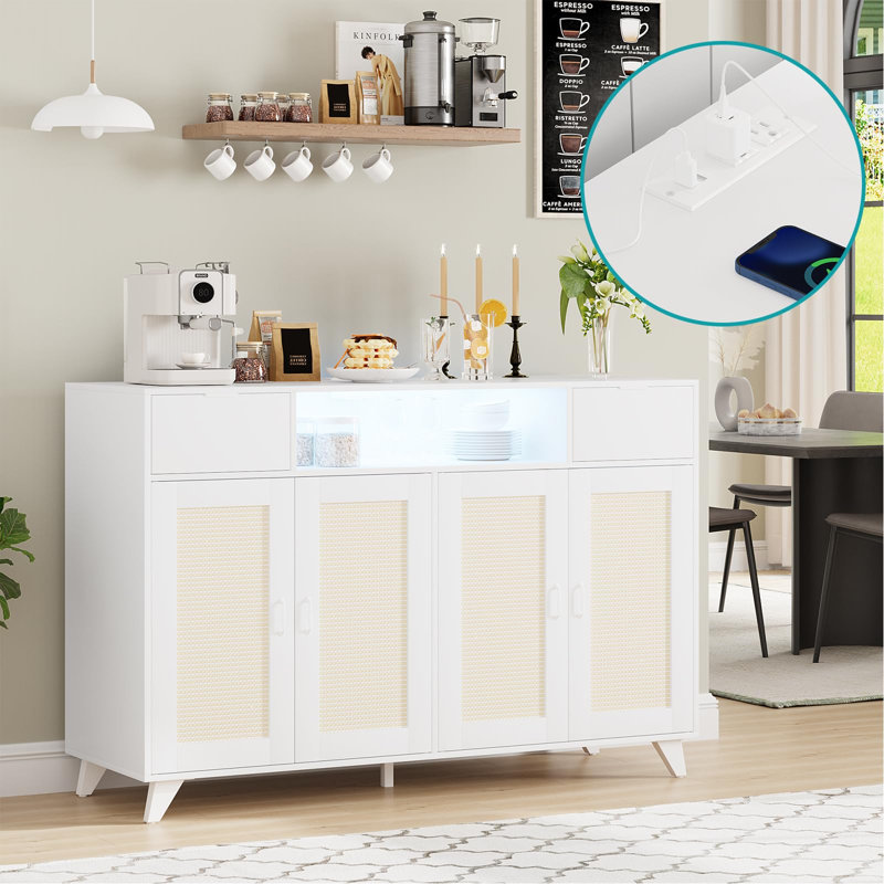 47 INCH White Modern Boho Rattan Sideboard Buffet Cabinet 4 Doors 2 Drawers Built-in Power Outlets Adjustable Shelves for Dining Room