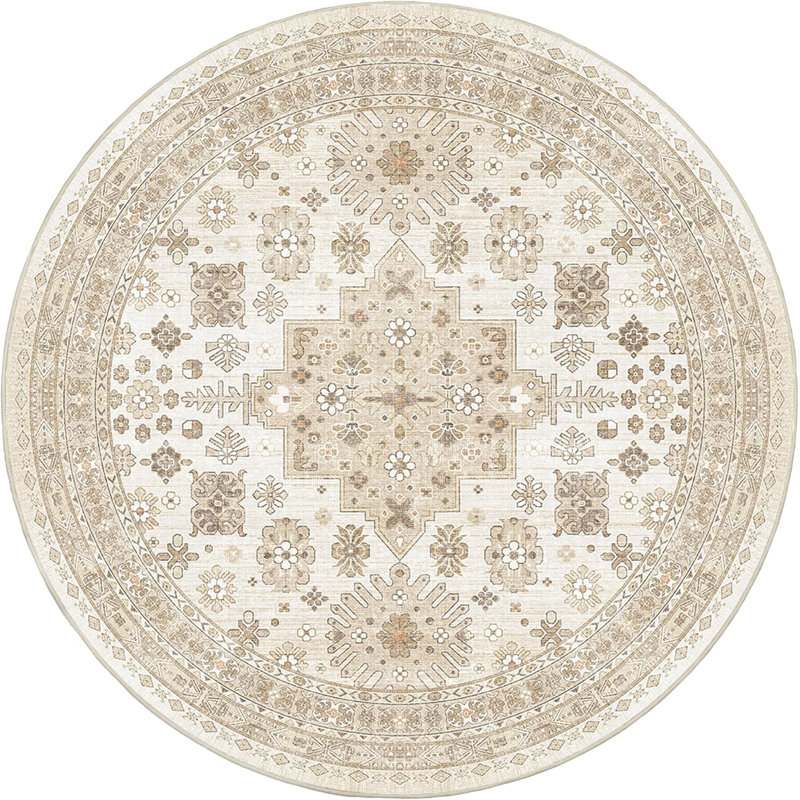Medallion Non Slip Washable Rug(Cream), Round 6'