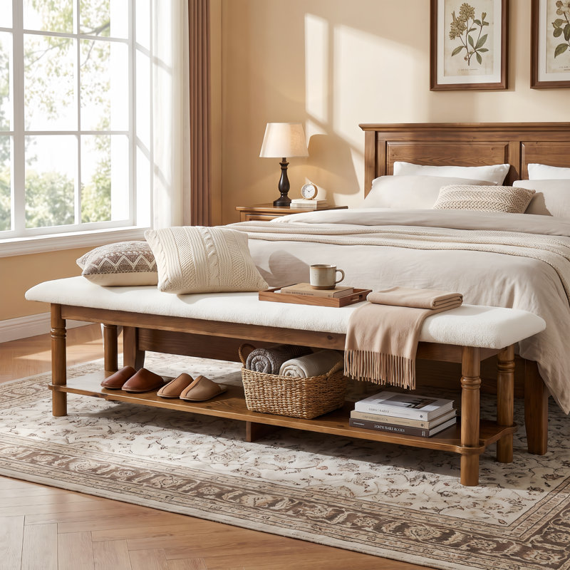 Banc de chambre en bois massif avec coussin en boucle blanche, banc de bout de lit de 180 cm avec étagère de rangement, siège d'appoint rustique rembourré pour chambre à coucher