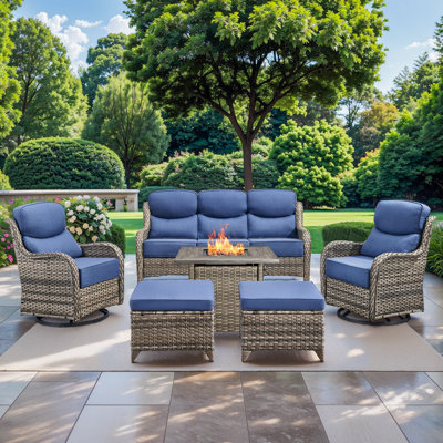 Mobilier d'extérieur à haut dossier avec coussins très épais de 6 pouces, ensemble de meubles de patio avec table de foyer et chaises pivotantes, ensemble de conversation en osier 6 pièces pour cour, terrasse et bord de piscine