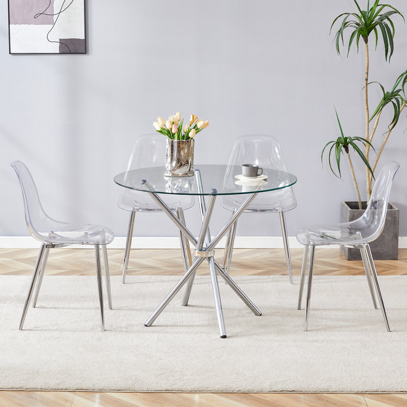 Ensemble de table de salle à manger ronde en verre avec 4 chaises transparentes, Argent argent
