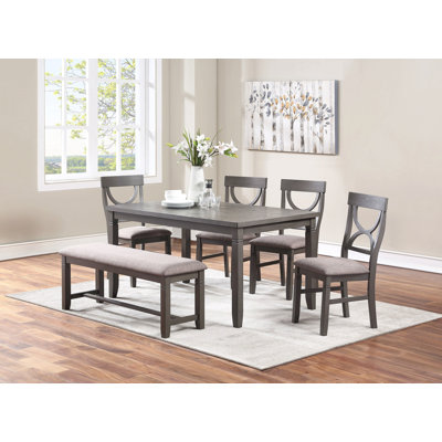 Dining Room Furniture 6Pc Set Rectangle Table 4X Side Chairs And A Bench Grey Finish Mdf Rubberwood