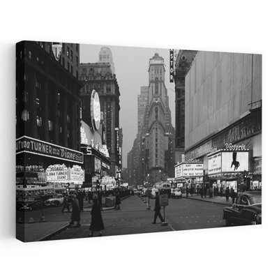 1950's Night Times Square, regardant vers le sud, de Duffy Square à Ny Times, bâtiment, chapiteaux, New York, NY, États-Unis, rétro rétro, art mural classique