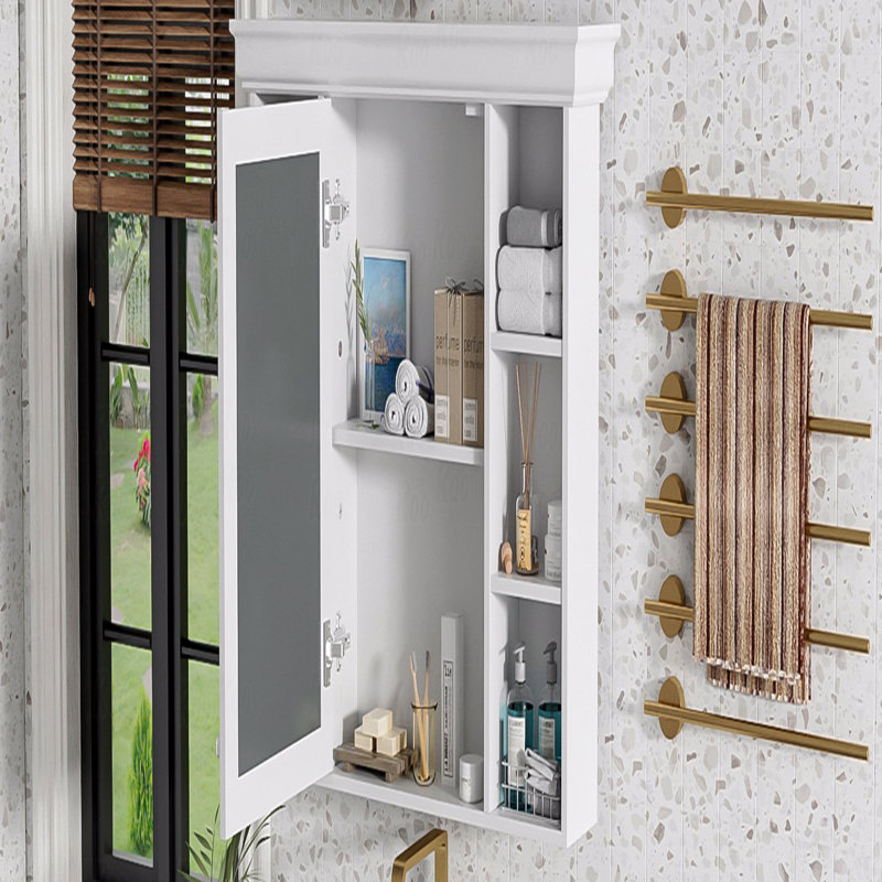 Armoire de rangement murale blanche 35 po x 28 po avec porte miroir, armoire de salle de bain moderne avec miroir, armoire à pharmacie avec 6 tablettes ouvertes
