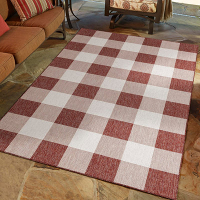 Tatasha Gingham Power Loom Polypropylene Plastic Indoor/Outdoor Area Rug in White/Red