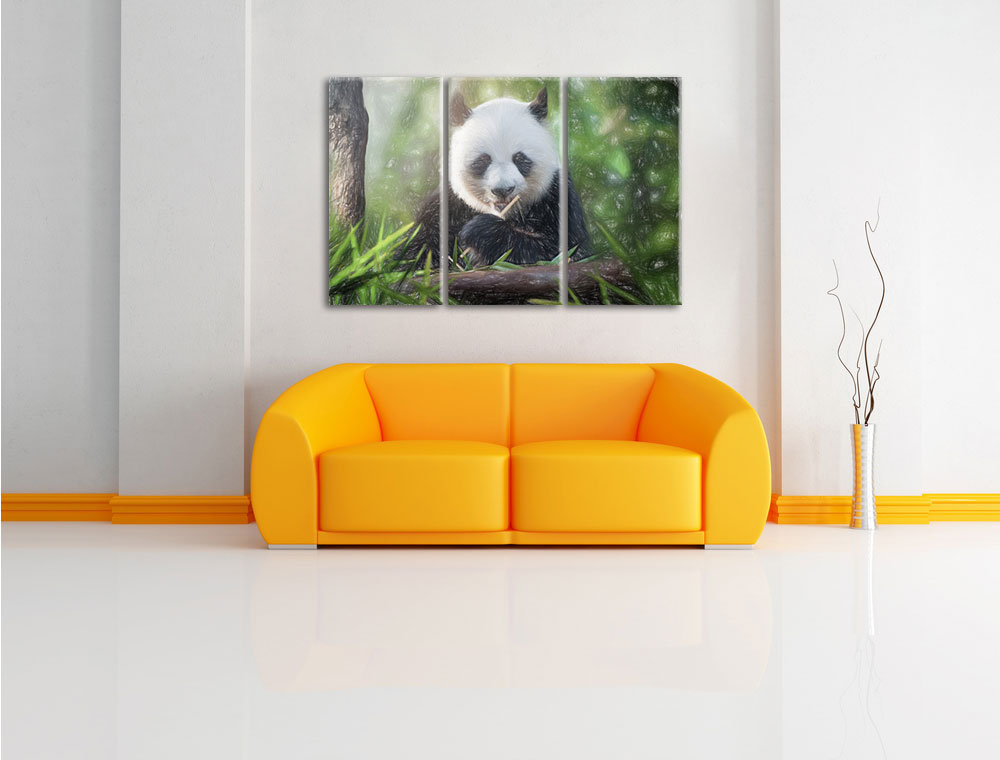 3-tlg. Leinwandbilder-Set „Niedlicher Panda isst Bambus“, Grafikdruck