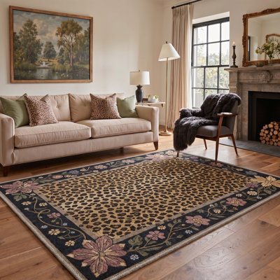Machine Washable Animal Print Black / Tan Area Rug With Non-Slip Backing
