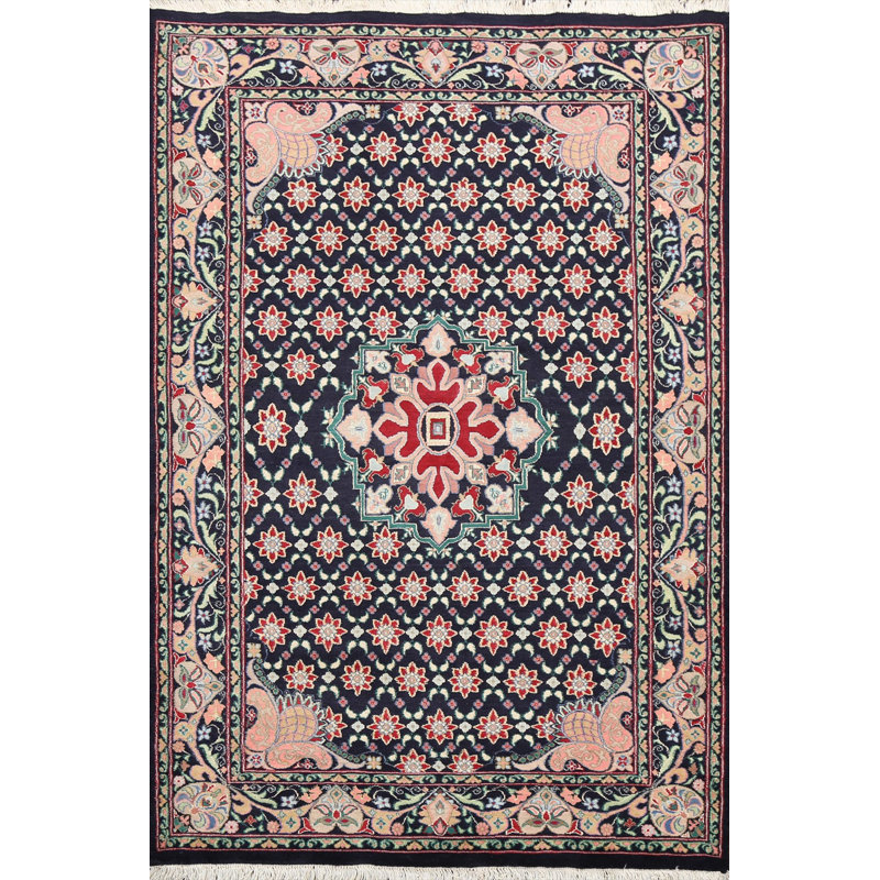 Tapis bleu marine noué à la main de conception unique 4 pi 1 po x 6 pi
