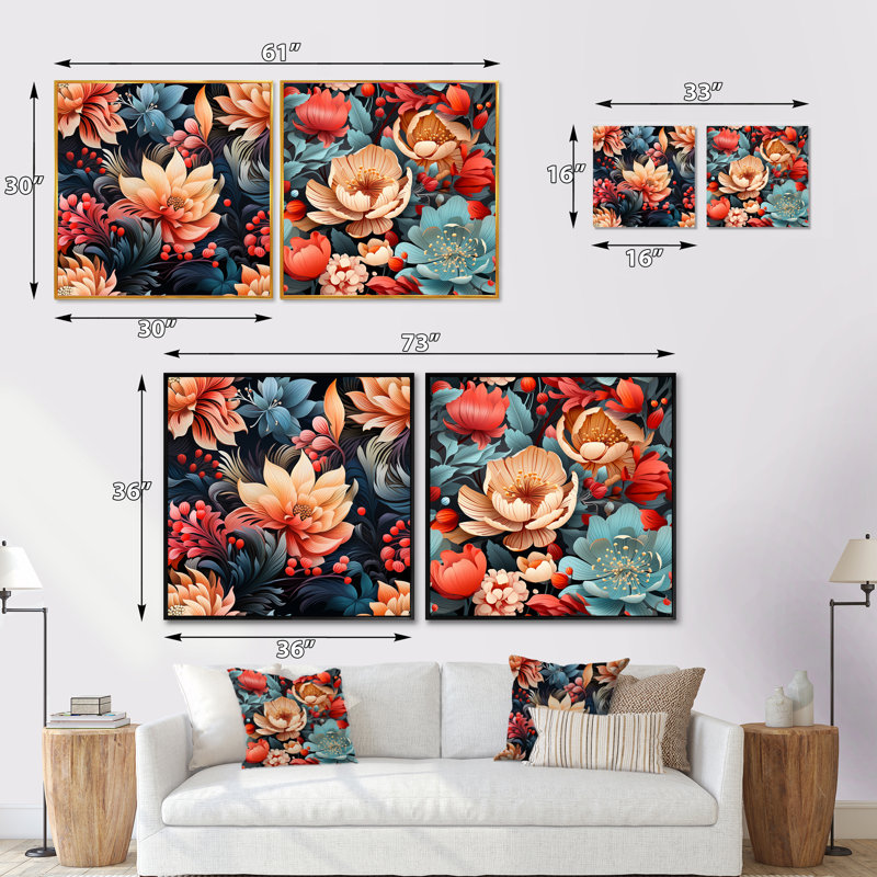 Janda - Ensemble de 2 collages floraux carrés, Cadre flottant brun, H 36 po x l 73 po
