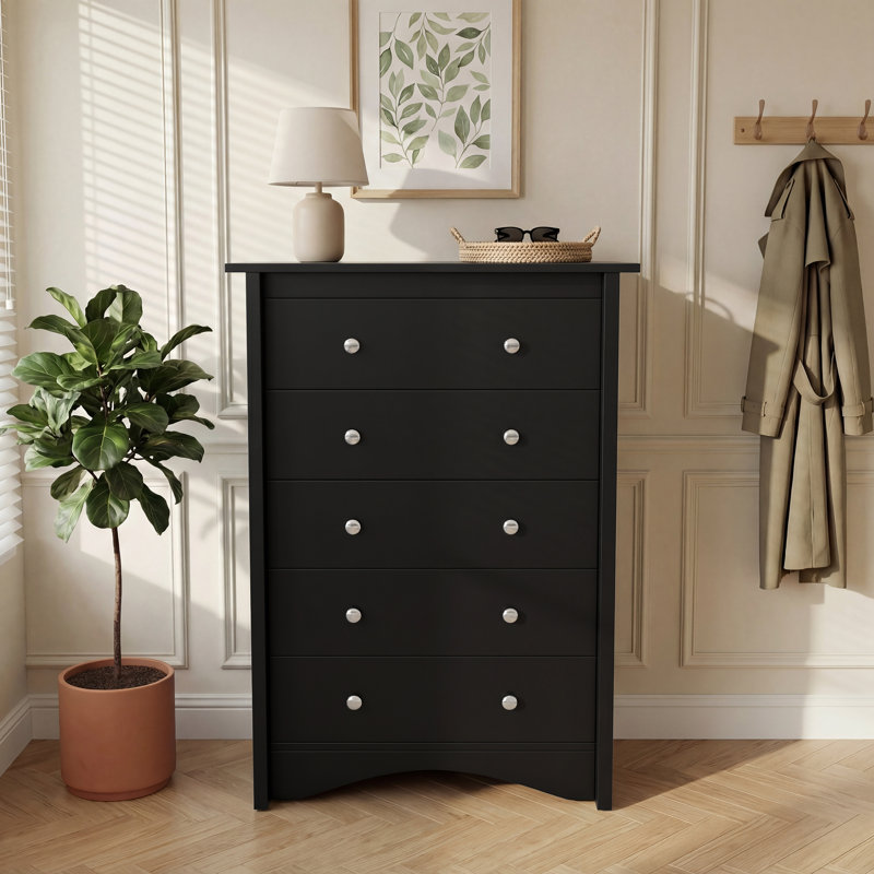 Commode haute noire 5 tiroirs, commode verticale en bois avec glissières lisses et ensemble anti-basculement, rangement pour vêtements de chambre