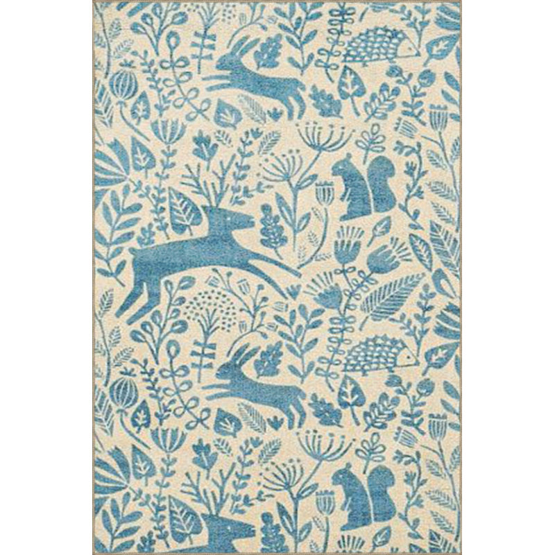 Tapis tissé lavable traditionnel crème à motif animal bleu, Sous-tapis carré 3 pi 3 po inclus
