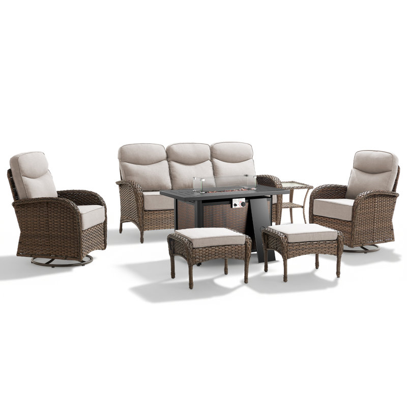 7-Piece Outdoor Wicker Courtyard Fire Pit Conversation Set With Sofa, Swivel Chairs And Ottomans, Beige