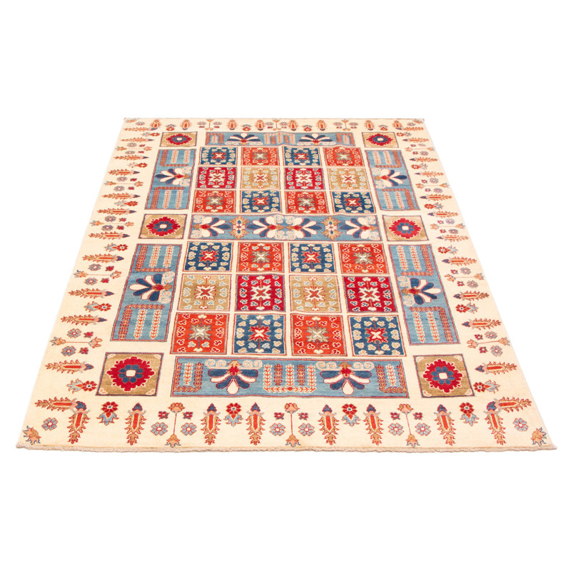 Tapis unique en laine noué à la main 6 pi 8 po x 9 pi 8 po nouvel âge ivoire / rouge / gris