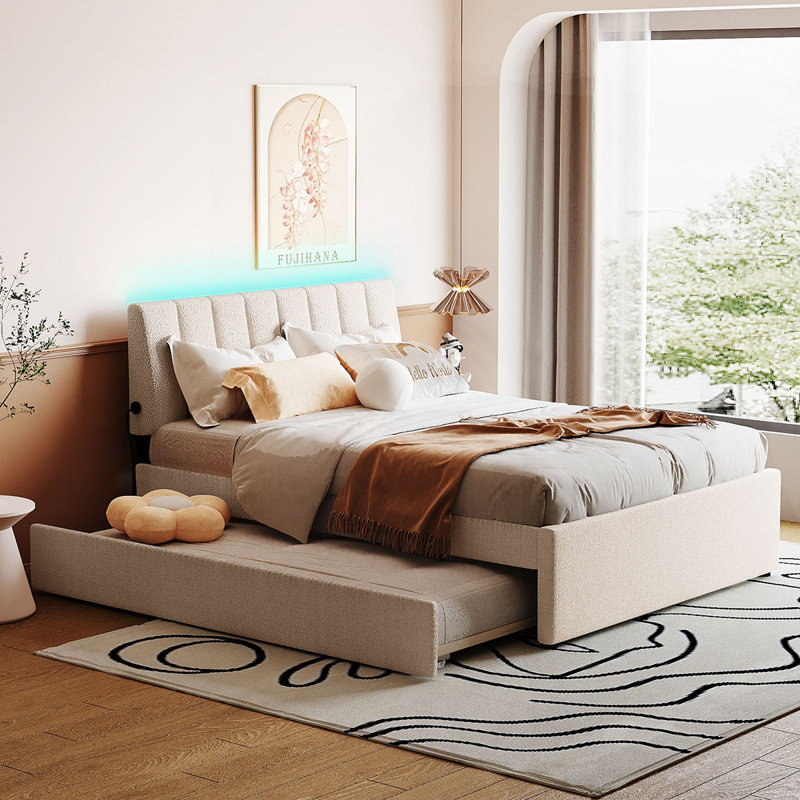 Lit plateforme tapissier Teddy, Beige, Double