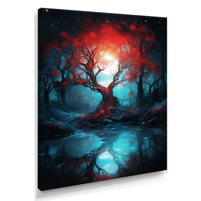 Red River Tree In Enchanted Blue Forest - arbre, reproduction d'art murale, Toile tendue, H 32 po x l 24 po