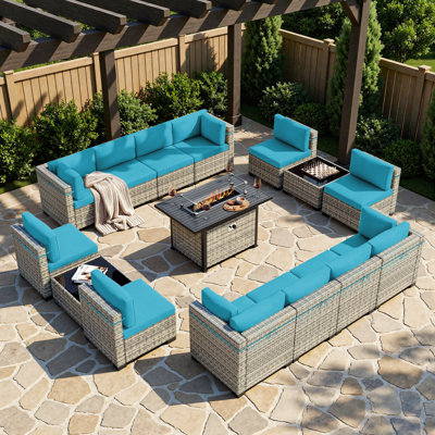 Ensemble de mobilier d'extérieur modulaire 15 pièces avec table de foyer d'extérieur 55 000 BTU et siège modulaire en osier
