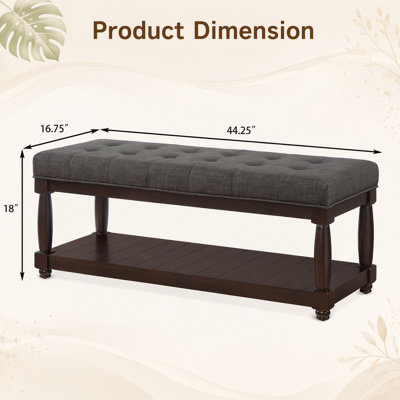 Banc rembourré en lin avec tablette de rangement - Banc repose-pieds capitonné pour le salon de l'entrée de la chambre à coucher, pieds décoratifs en bois massif, gris anthracite