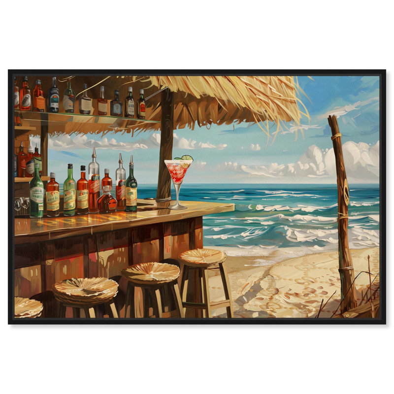 "Drinks at the Beach" Glam Coastal Art par , H 37 po x l 55 po, Cadre flottant noir