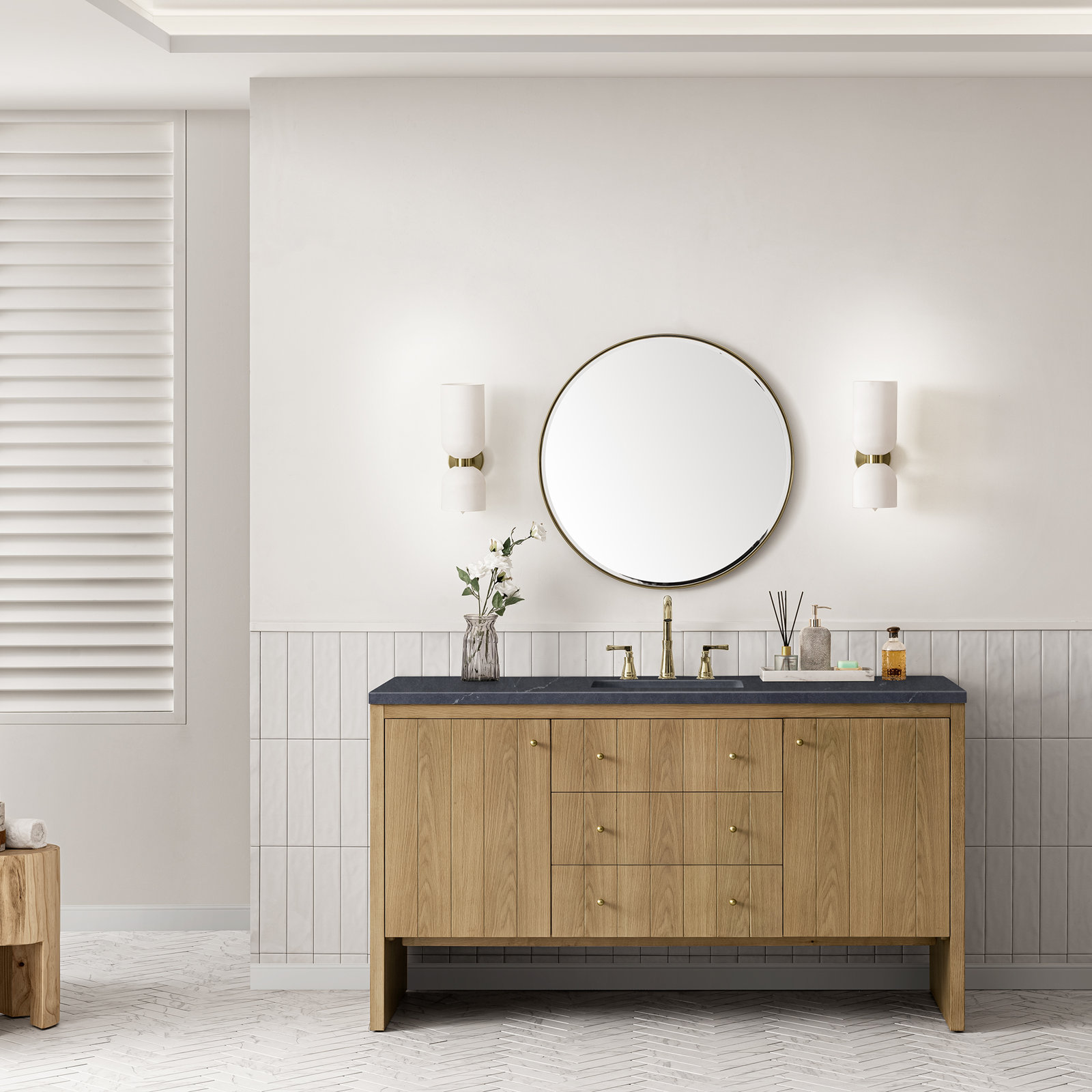 Hudson 60'' Single Bathroom Vanity, Charcoal Soapstone, 8" Widespread, Light Natural Oak