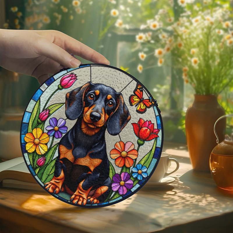 Teckel avec fleurs colorées et panneaux en verre coloré pour décoration de fenêtre, 7,8 x 7,8 po (20 x 20 cm)