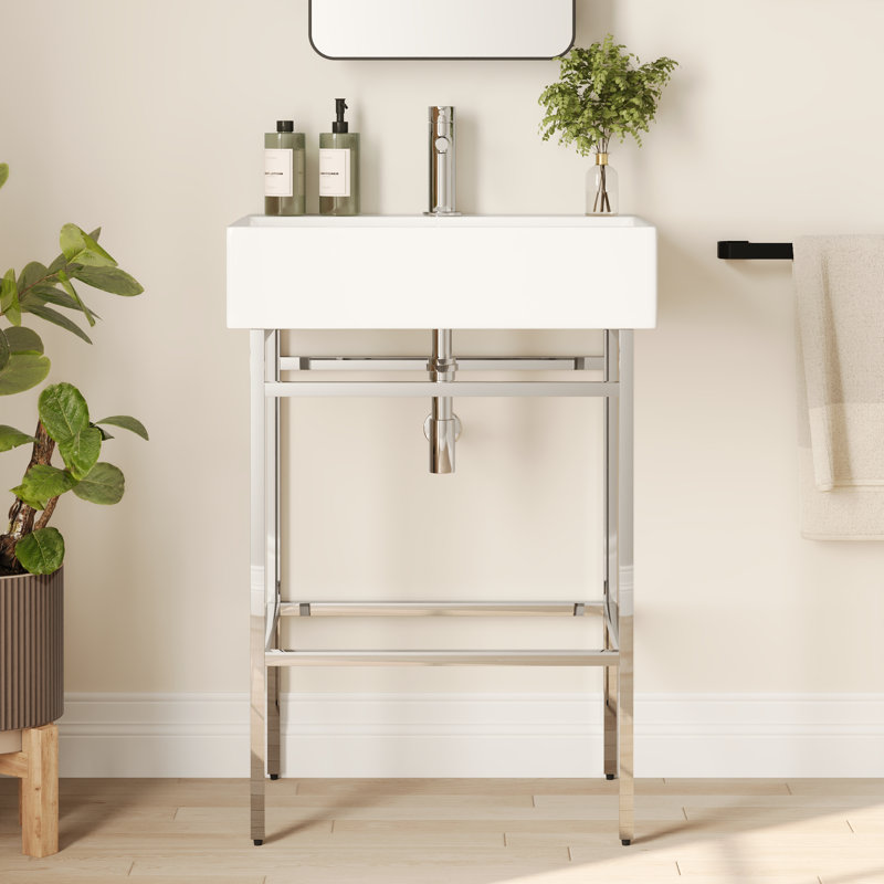 Silver Ceramic Wall-Mount Console Bathroom Sink with Stainless Steel Bracket