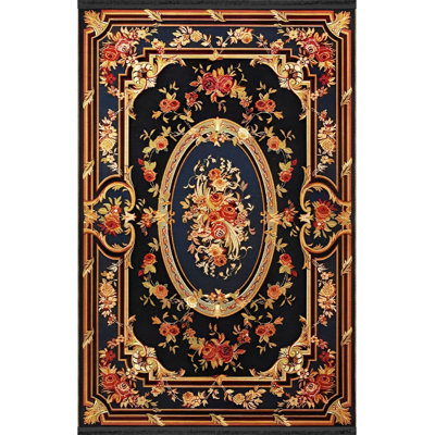 Black Themed Multicolor Traditional Flower Motif Patterned Vintage Decorative Rug