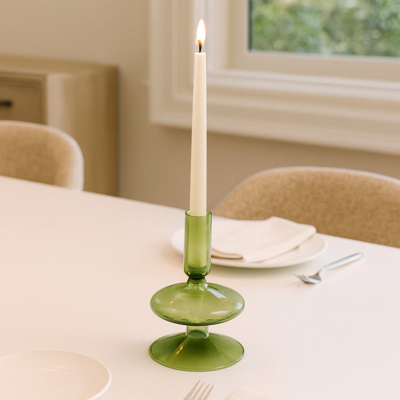 Sculptural 5" Glass Candle Holder - Modern Tabletop Candle Holder with Rounded Accent Base, Green