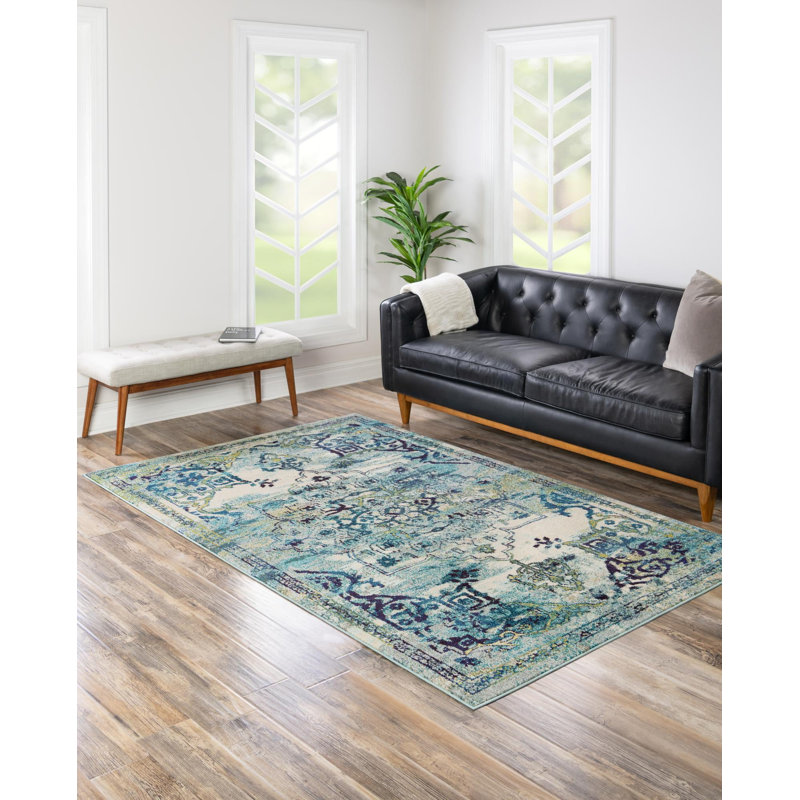 Tapis bleu tissé à la machine Holker, Rectangle 3 pi 3 po x 5 pi 3 po