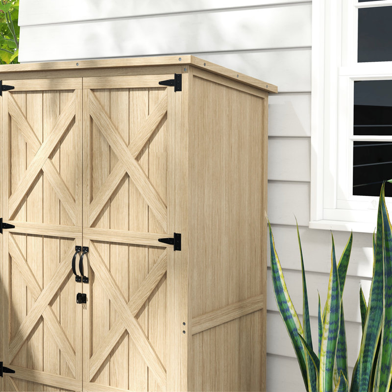 Wooden Garden Shed With Lockable Doors, Waterproof Roof And Shelves - Natural Wood Storage Cabinet For Gardening Tools Pool Supplies Doors & Shelves, Outdoor
