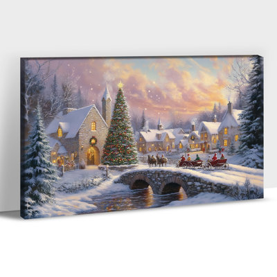  Art mural de Noël sur toile, décor de scène de village d'hiver, impressions de photos d'églises festives, affiche de peinture sur toile des Fêtes enneigées pour salon, foyer, entrée, 18 po x 24 po