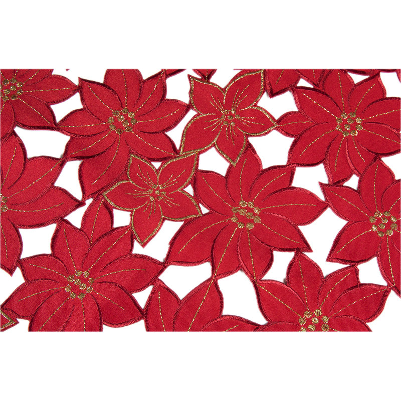 Festive Poinsettia Embroidered Cutwork Holiday Table Runner, 54" L x 15" W