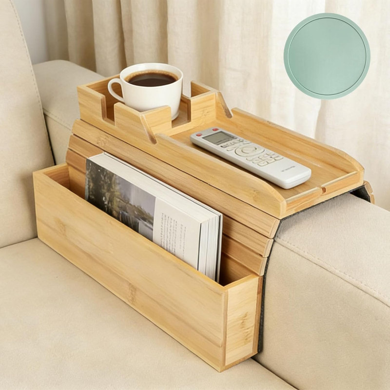 Bamboo Foldable Sofa Armrest Tray With Storage