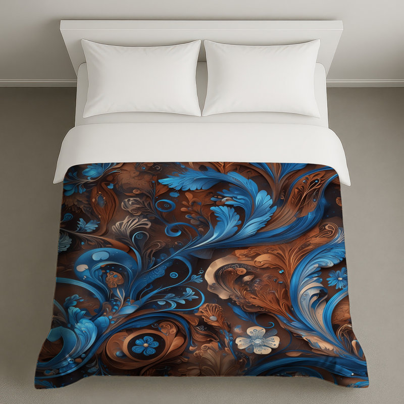 Housses de couette florales complexes bleu-brun, Lit simple