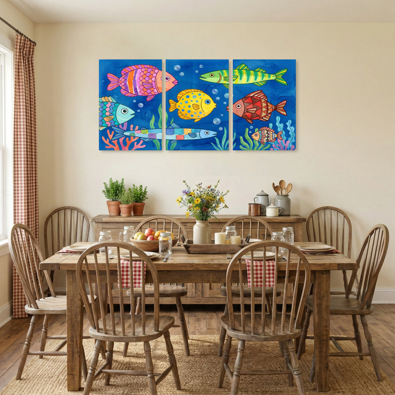 Animals Colorful Fish Underwater Scene Pattern Print Set of 3 Canvas Wall Art Prints, 24" H x 48" W