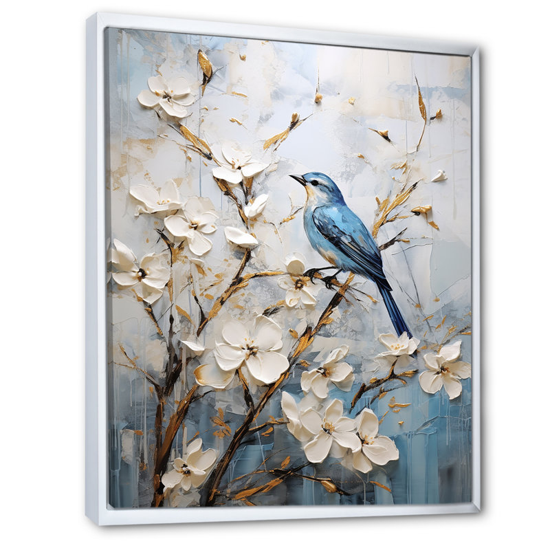 Art mural minimaliste, fleurs et oiseaux du printemps, 32" H x 24" W, Cadre flottant blanc