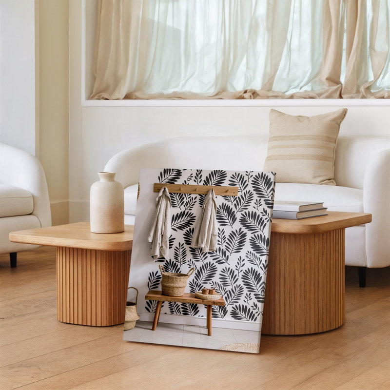 Toile, un hall d'entrée scandinave douillet avec un banc en bois minimaliste avec art mural, H 12 po x l 9 po