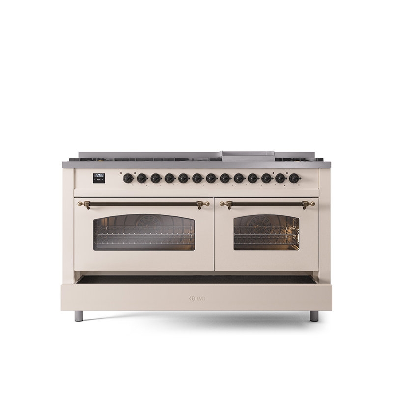 ILVE Nostalgie II 60 Dual Fuel Range, 9 Burners, Griddle, Liquid Propane, Stainless Steel/Copper