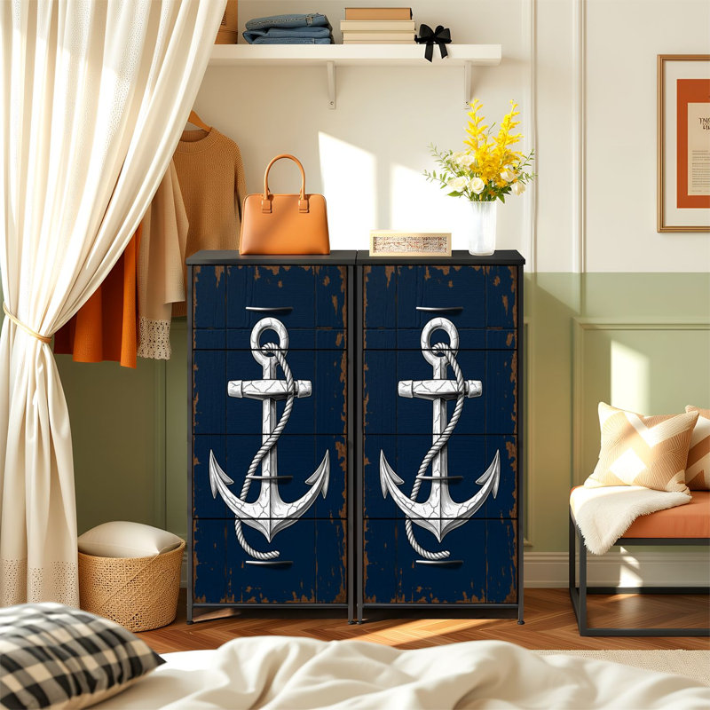 Commode pour chambre à coucher avec 4 tiroirs de rangement Casque nautique Casque de boussole Phare de style rustique Ancre de plage Commode à commode en acier
