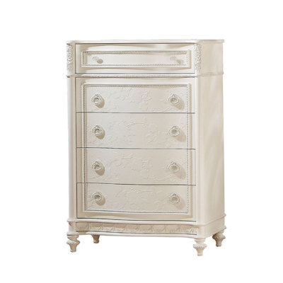 Commode 5 tiroirs en bois blanc perle