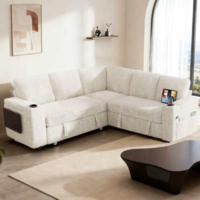 85" Sectional Sofa Couch With Pull Out Bed, 5 Seat L Shaped Pull Out Couch Bed With Usb Ports, Modular Sleeper Sofa Bed, Large Sectional Couches For L by Ebern Designs