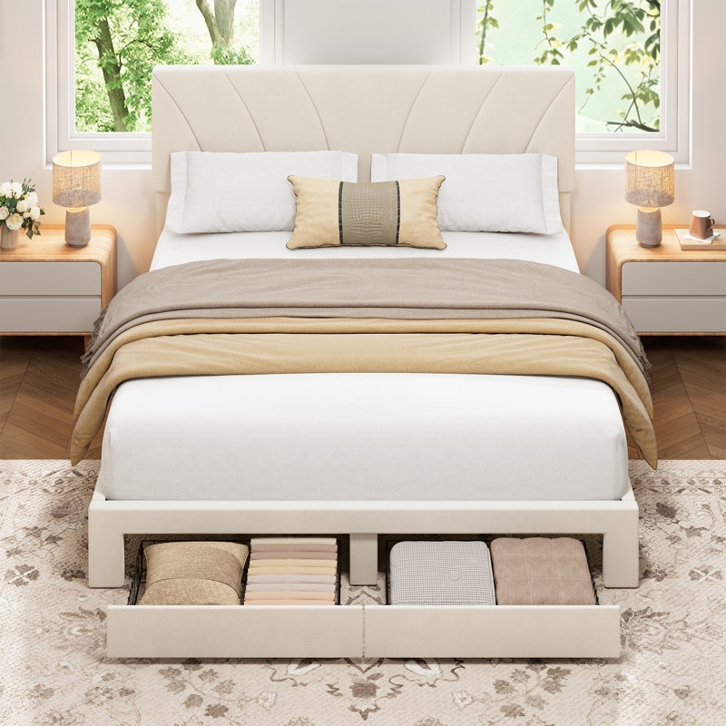 Structure de lit double tapissier pleine grandeur en velours avec tête de lit et 2 tiroirs de rangement sous le lit, conception à lattes en bois, aucune base supplémentaire requise, assemblage facile, beige