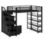Lit mezzanine en métal avec tablettes de rangement, armoires et garde-robe